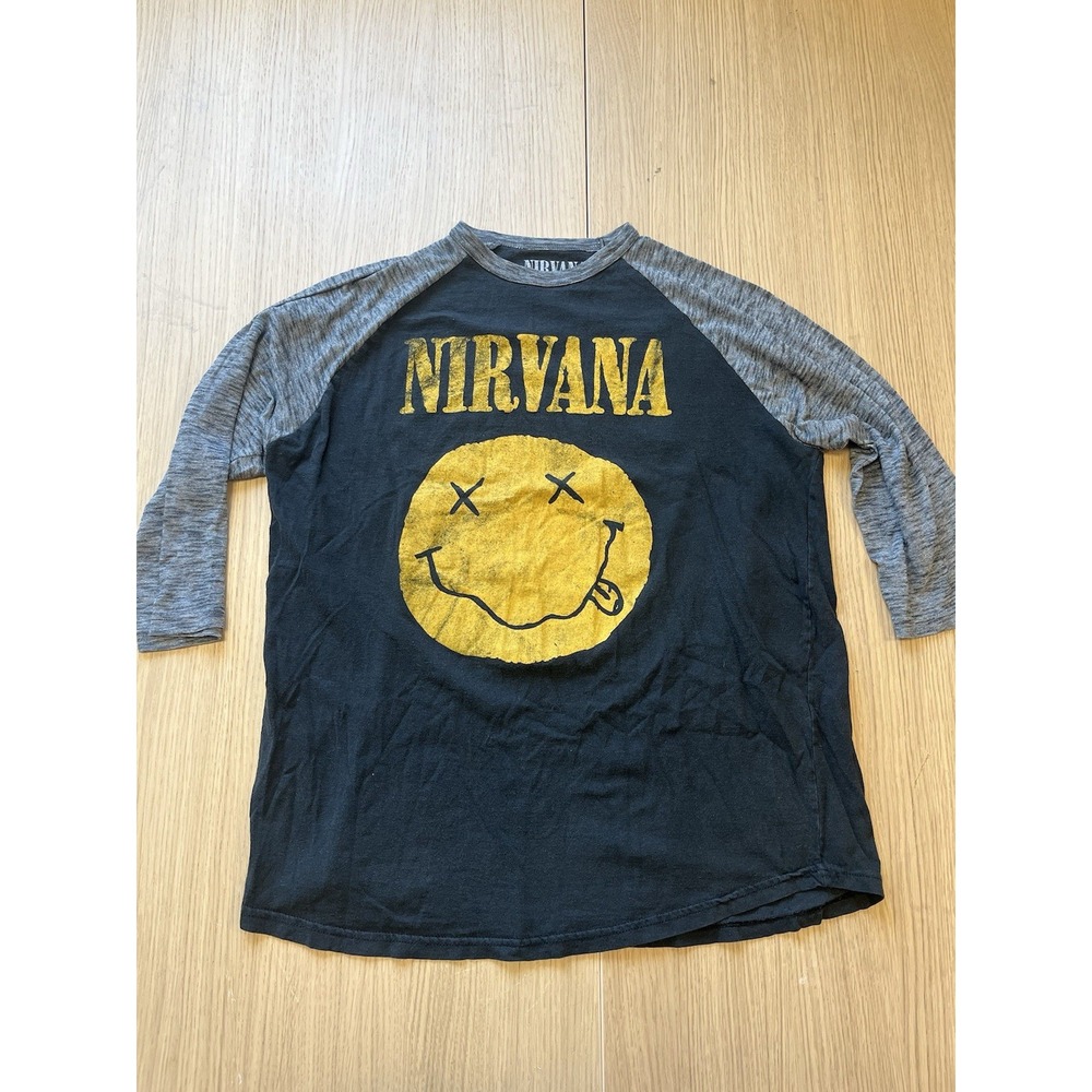 Nirvana Smiley Face Band XL 3/4 Sleeve Raglan Baseball Shirt Grunge Rock Graphic